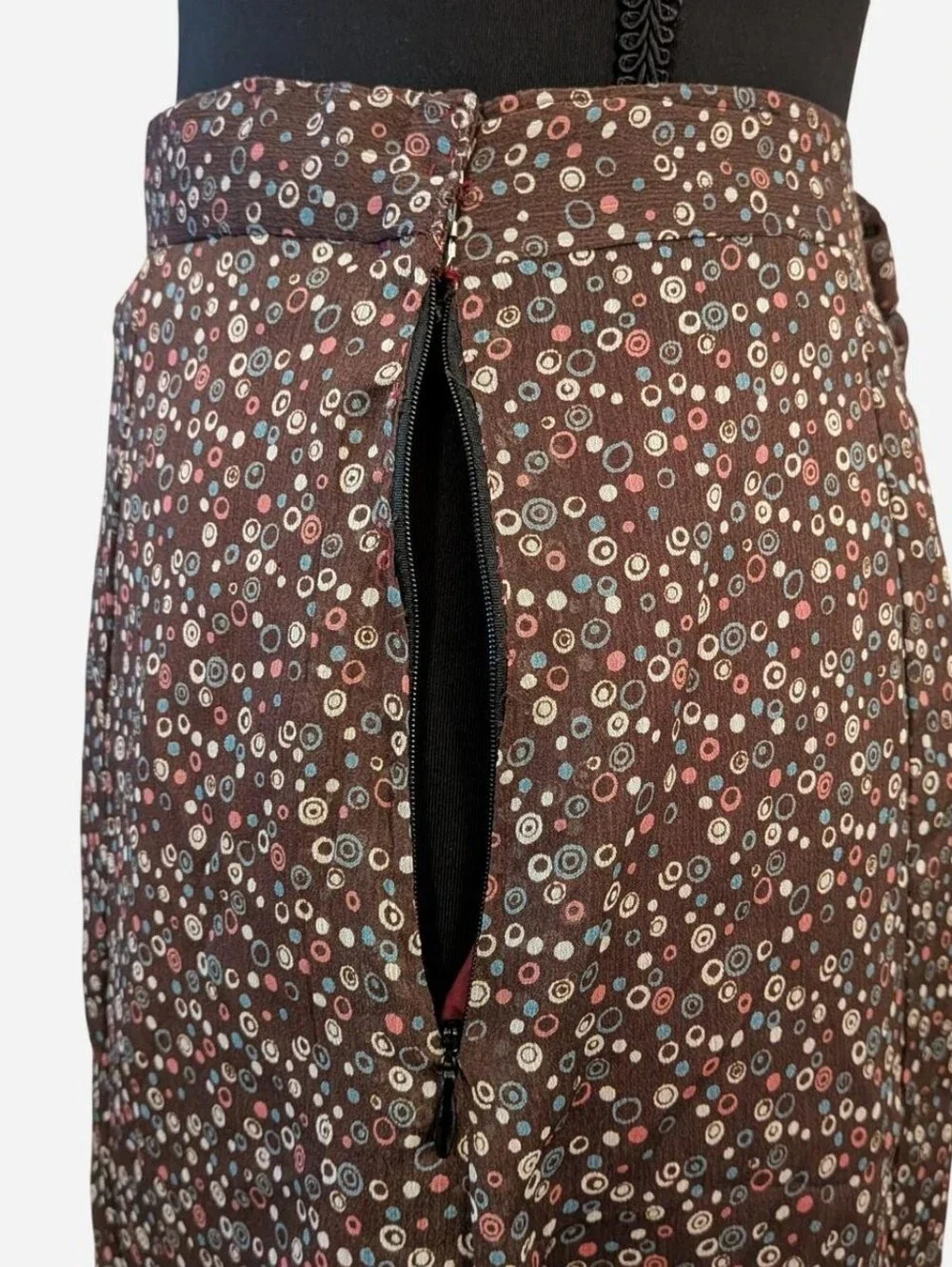 brown midi skirt with swirl & dot pattern